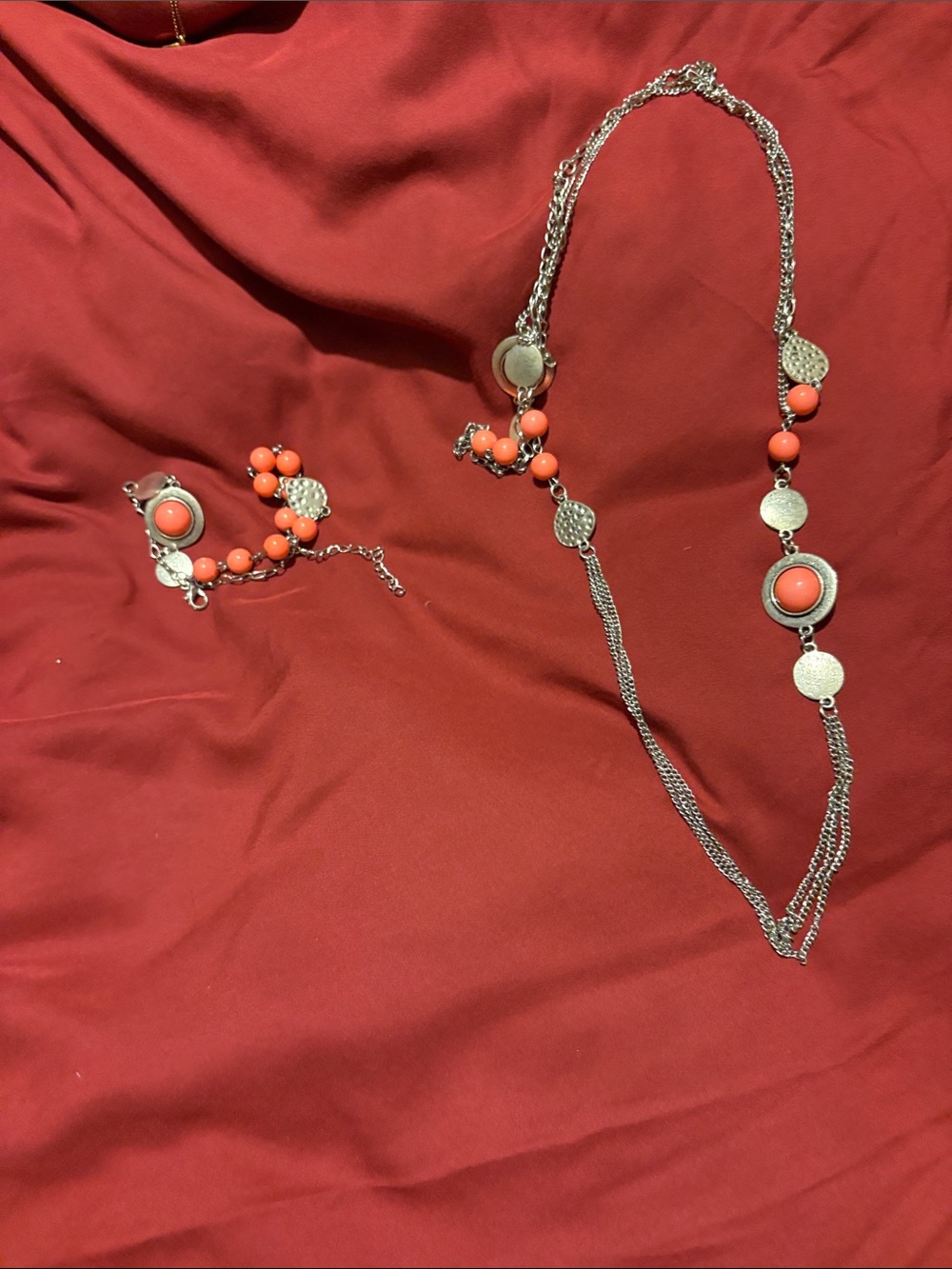 paparazzi Coral and Silver Multi-Strand Necklace and Bracelet Set